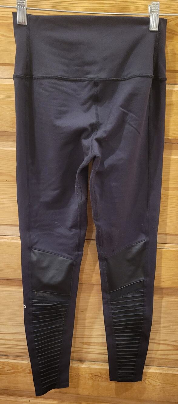 Alo Yoga High Waist Moto Leggings Black Ribbed Pintuck Mesh Panel Womens M